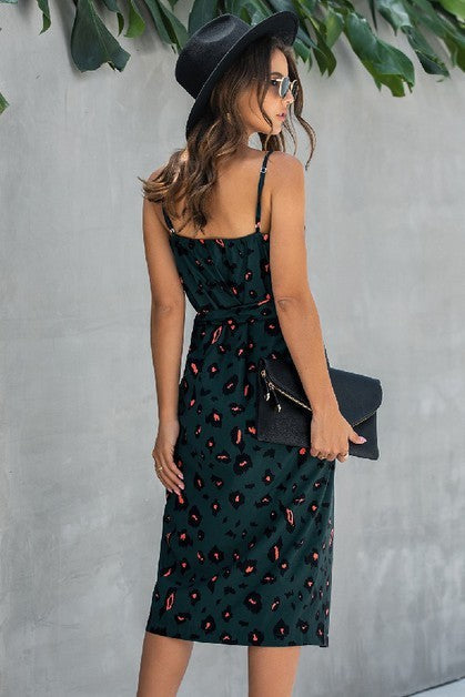 Sleeveless Print Split Thigh Belted Cami Dress