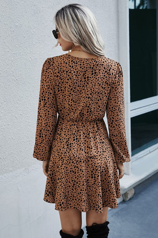 Leopard Print Waist Tie Belted Ruffle Hem Dress