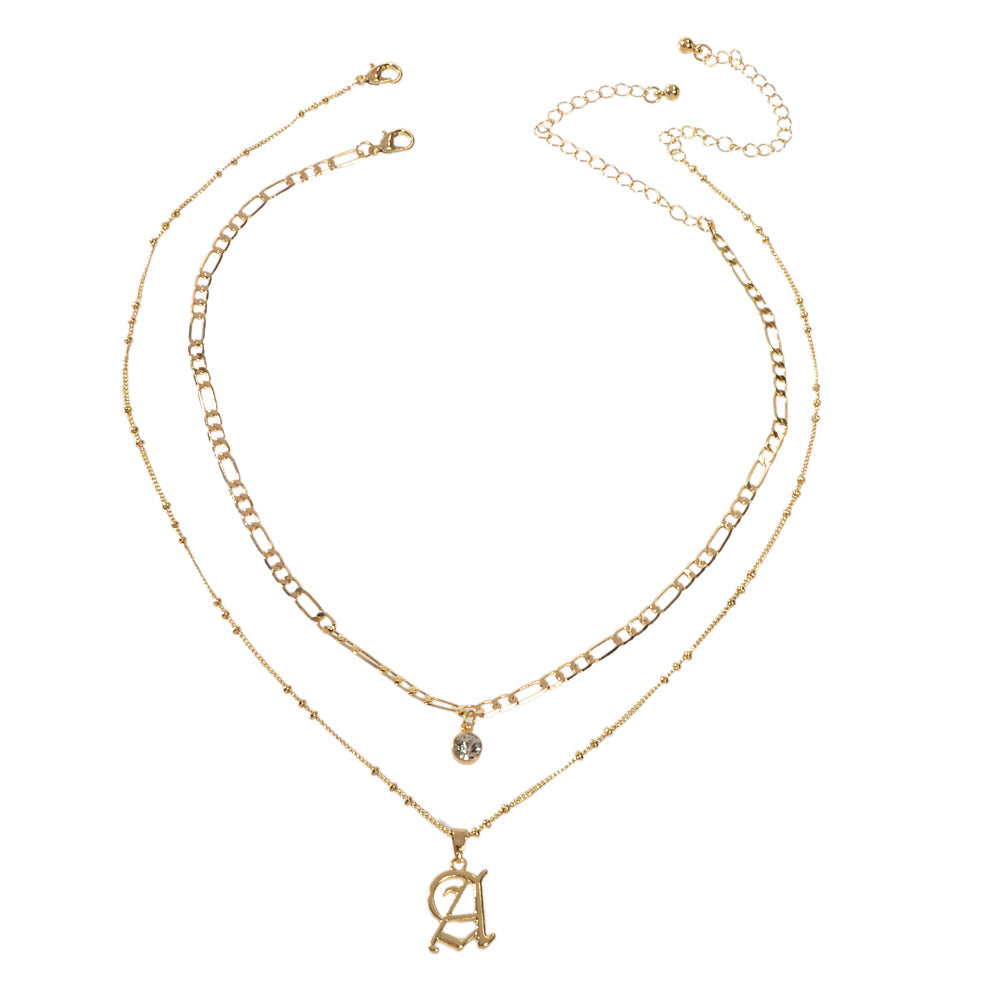 2 pcs Gold Chain Rhinestone Letter A Pendant Double Layer Necklace