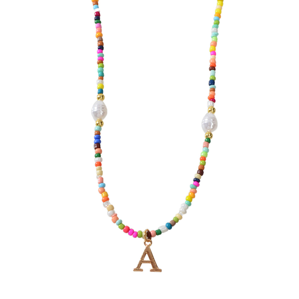 Boho Chic Pearl Colourful Seed Beads Chain Letter A Necklace Ethnic