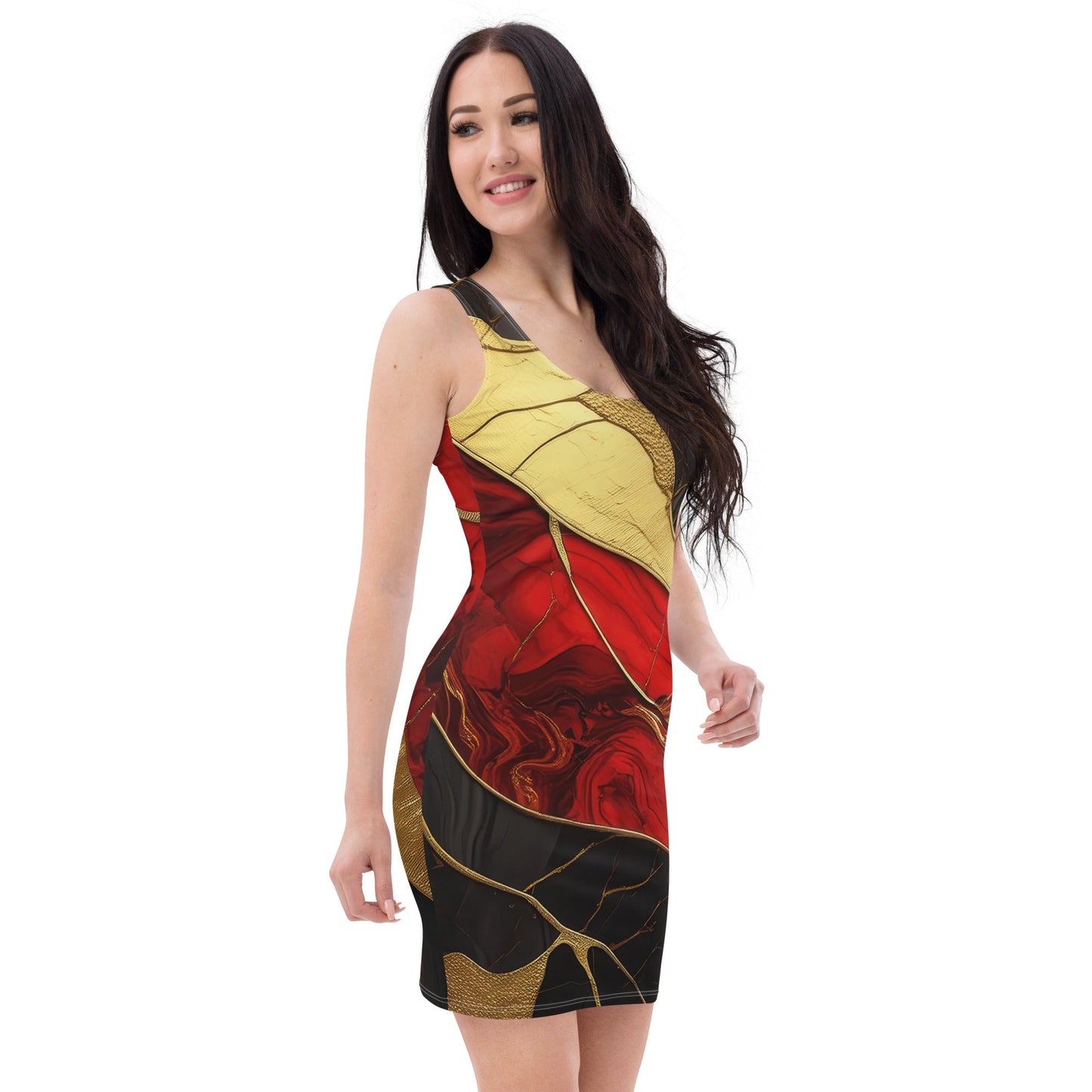 Womens Stretch Fit Bodycon Dress - Bold Red Gold Tones Print