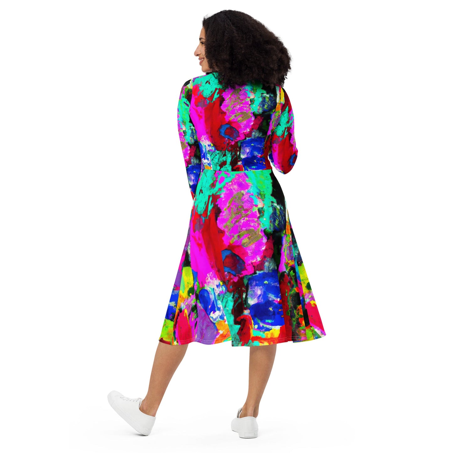 Womens Long Sleeve Midi Dress - Red Multicolor Abstract Print