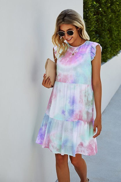 Crew Neck Tie Dye Ruffle Short Dress