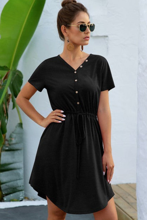 Solid V Neck Button Down Tie Waist Jersey Dress