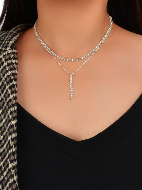Trendy Shining Full Rhinestone Gold Silver Double layer Chain Bar