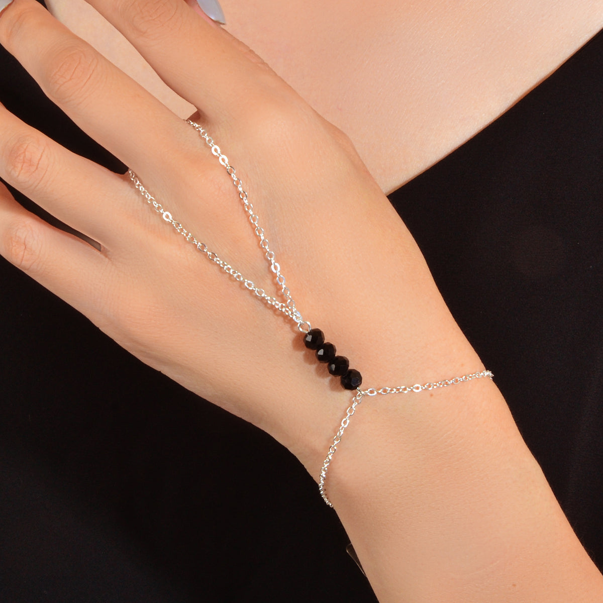 1pc Foot Beach Silver Chain Black Beads Anklet with Finger Ring Slave