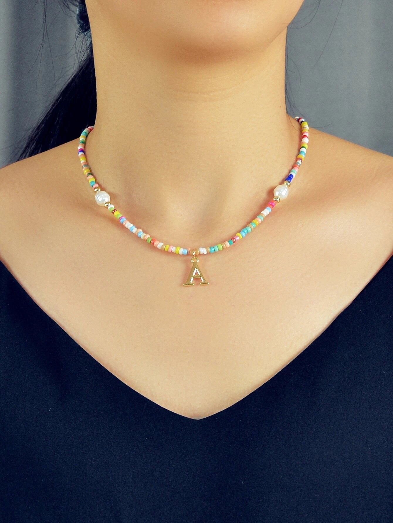 Boho Chic Pearl Colourful Seed Beads Chain Letter A Necklace Ethnic