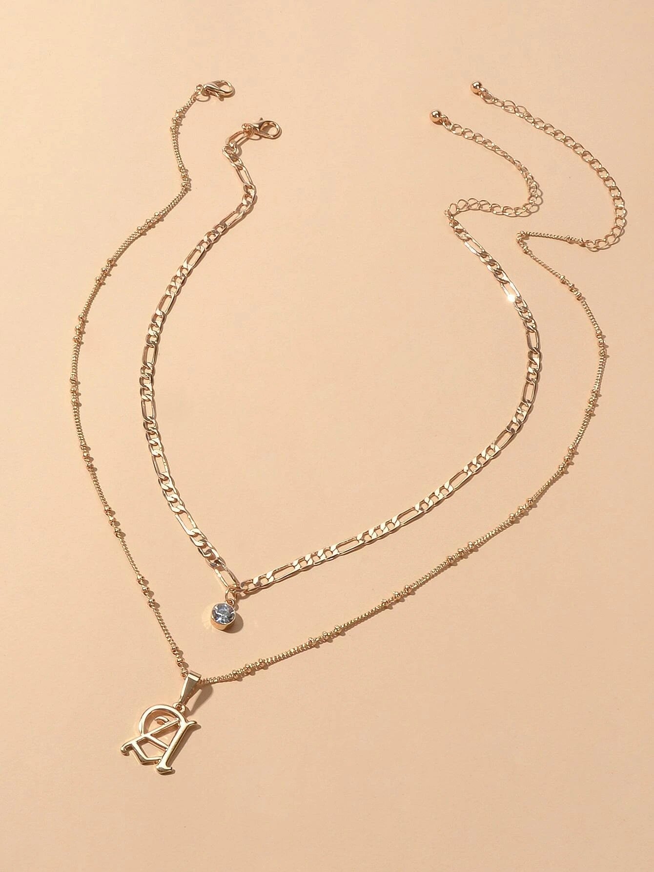 2 pcs Gold Chain Rhinestone Letter A Pendant Double Layer Necklace