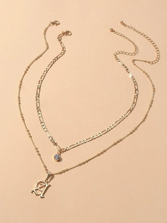 2 pcs Gold Chain Rhinestone Letter A Pendant Double Layer Necklace