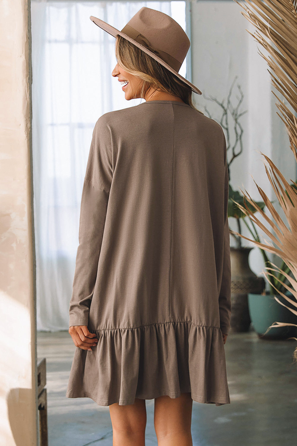 Black Split Neck Long Sleeve Ruffled Loose Dress