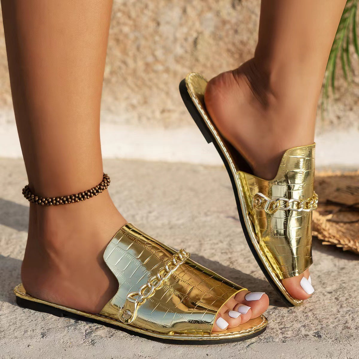 Pattern Chains Sandals Summer Fish Mouth Flat Slides Shoes Women