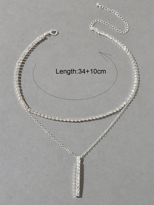 Trendy Shining Full Rhinestone Gold Silver Double layer Chain Bar