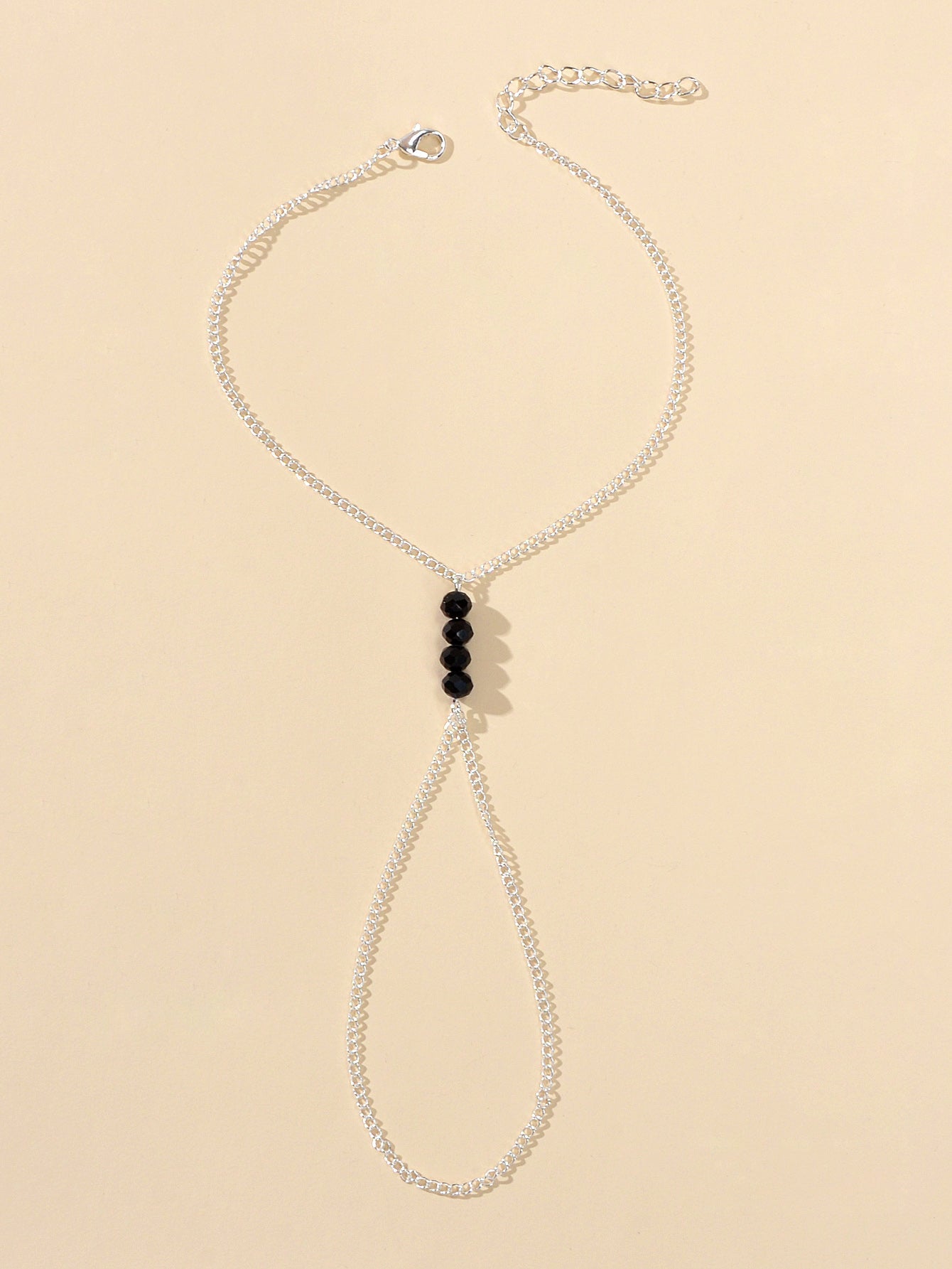 1pc Foot Beach Silver Chain Black Beads Anklet with Finger Ring Slave