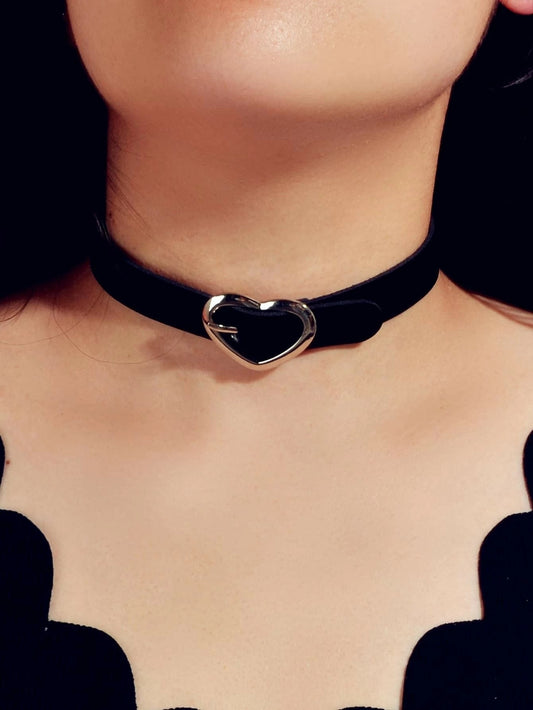 90s Heart Decor Black Leather Belt Design Tattoo Choker Necklace