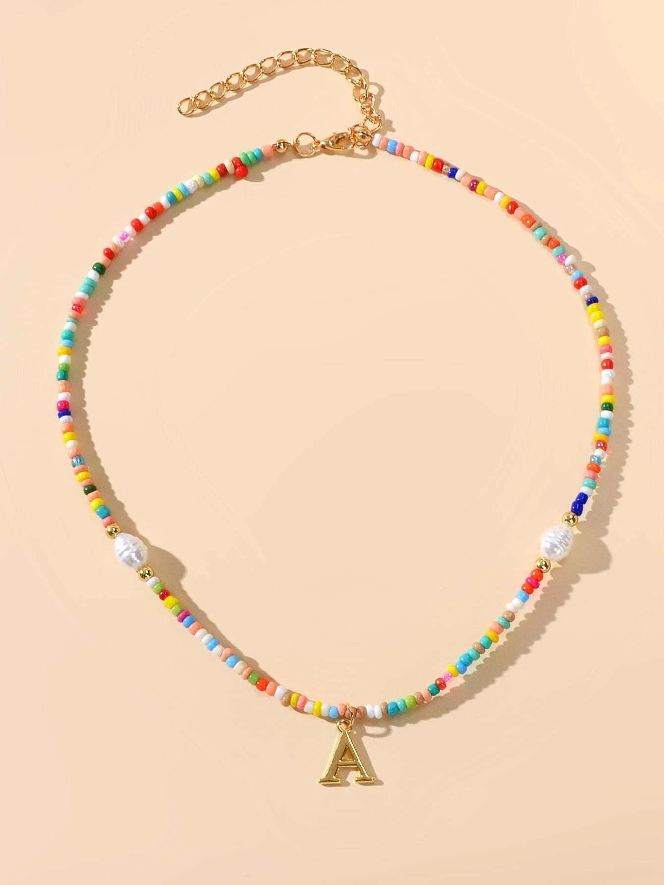 Boho Chic Pearl Colourful Seed Beads Chain Letter A Necklace Ethnic