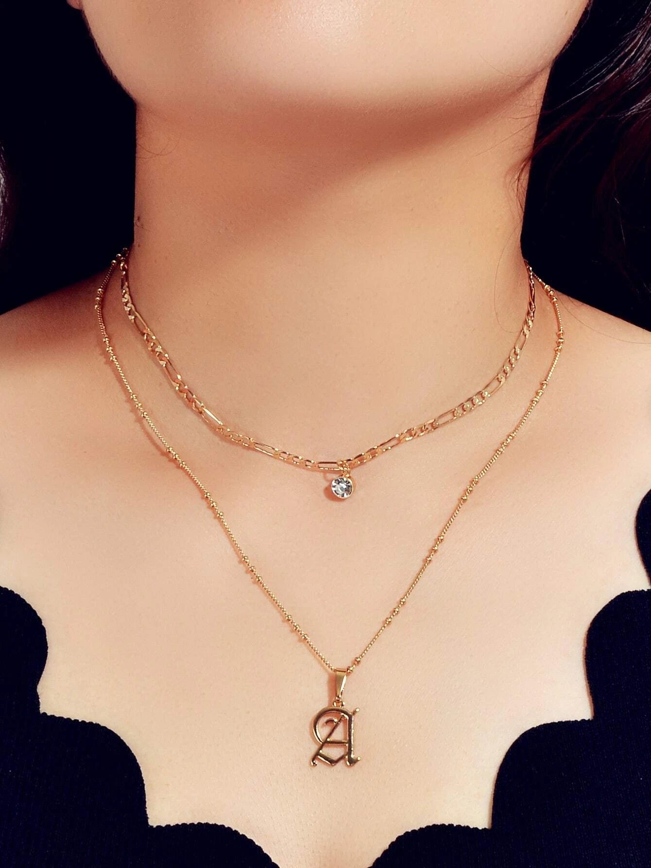 2 pcs Gold Chain Rhinestone Letter A Pendant Double Layer Necklace