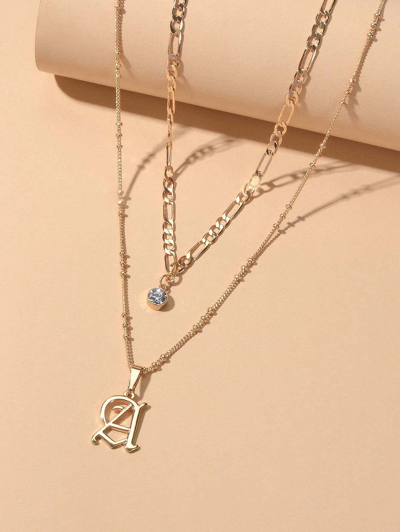 2 pcs Gold Chain Rhinestone Letter A Pendant Double Layer Necklace