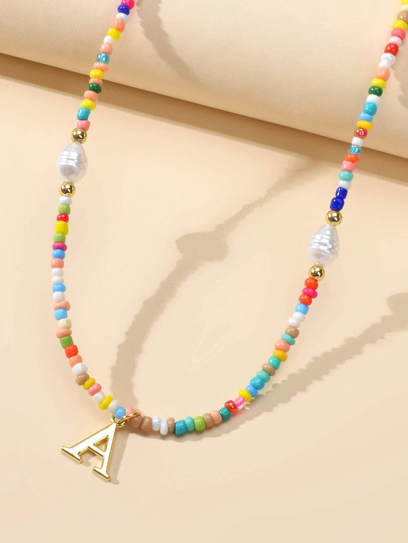 Boho Chic Pearl Colourful Seed Beads Chain Letter A Necklace Ethnic