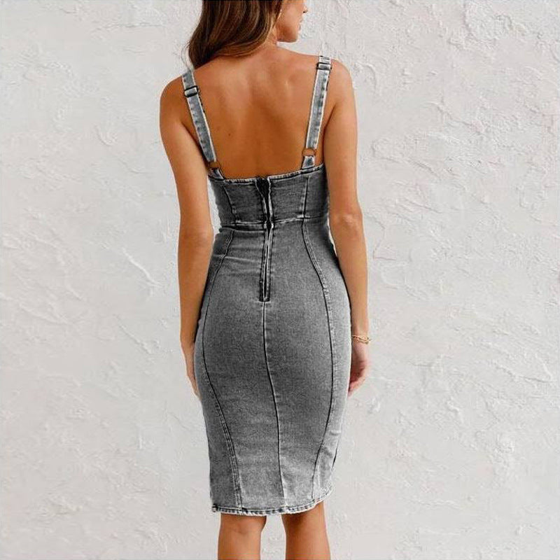 New U-neck Suspender Denim Dress Summer Casual Tight Slim Fit Dresses