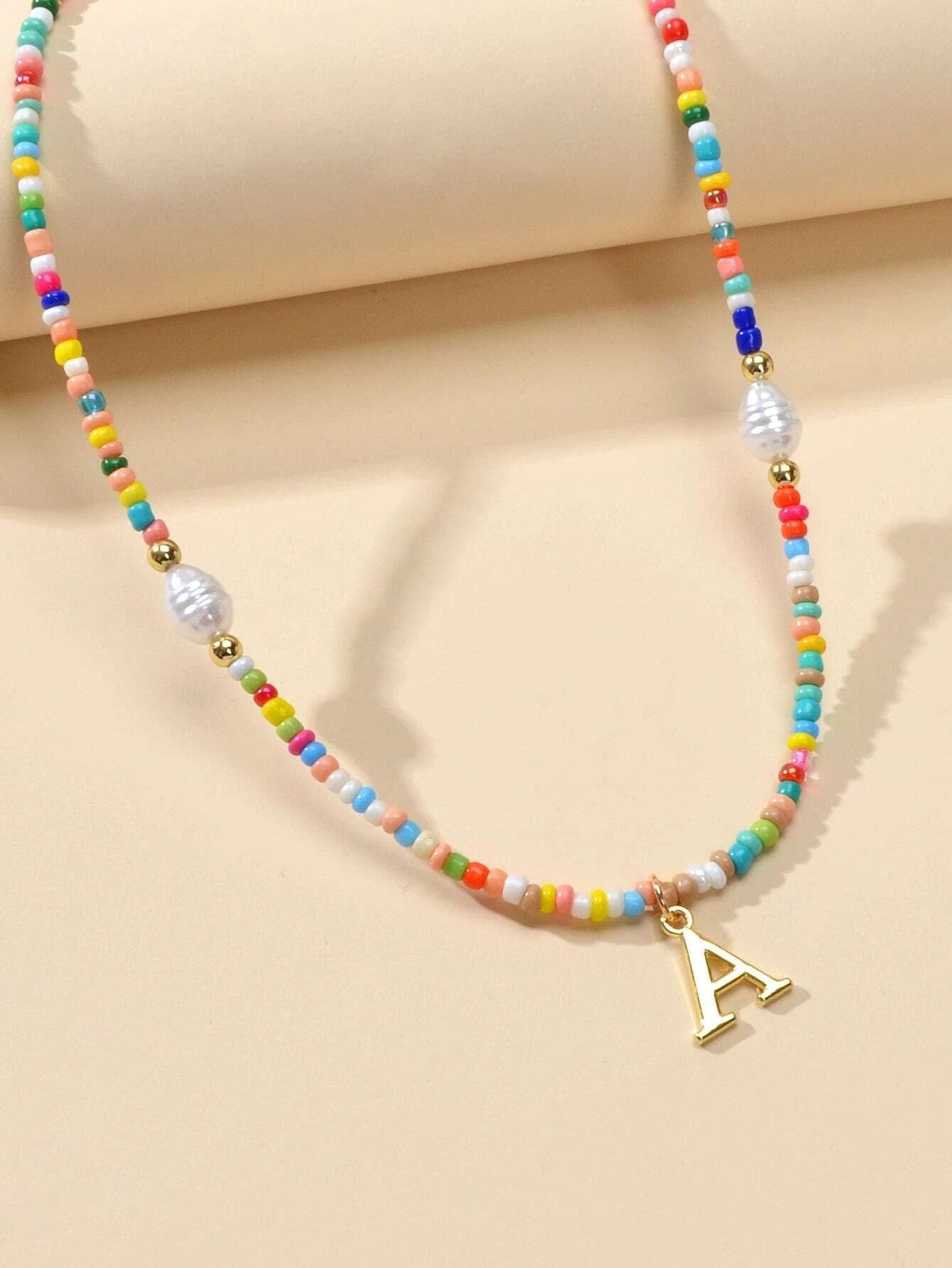 Boho Chic Pearl Colourful Seed Beads Chain Letter A Necklace Ethnic