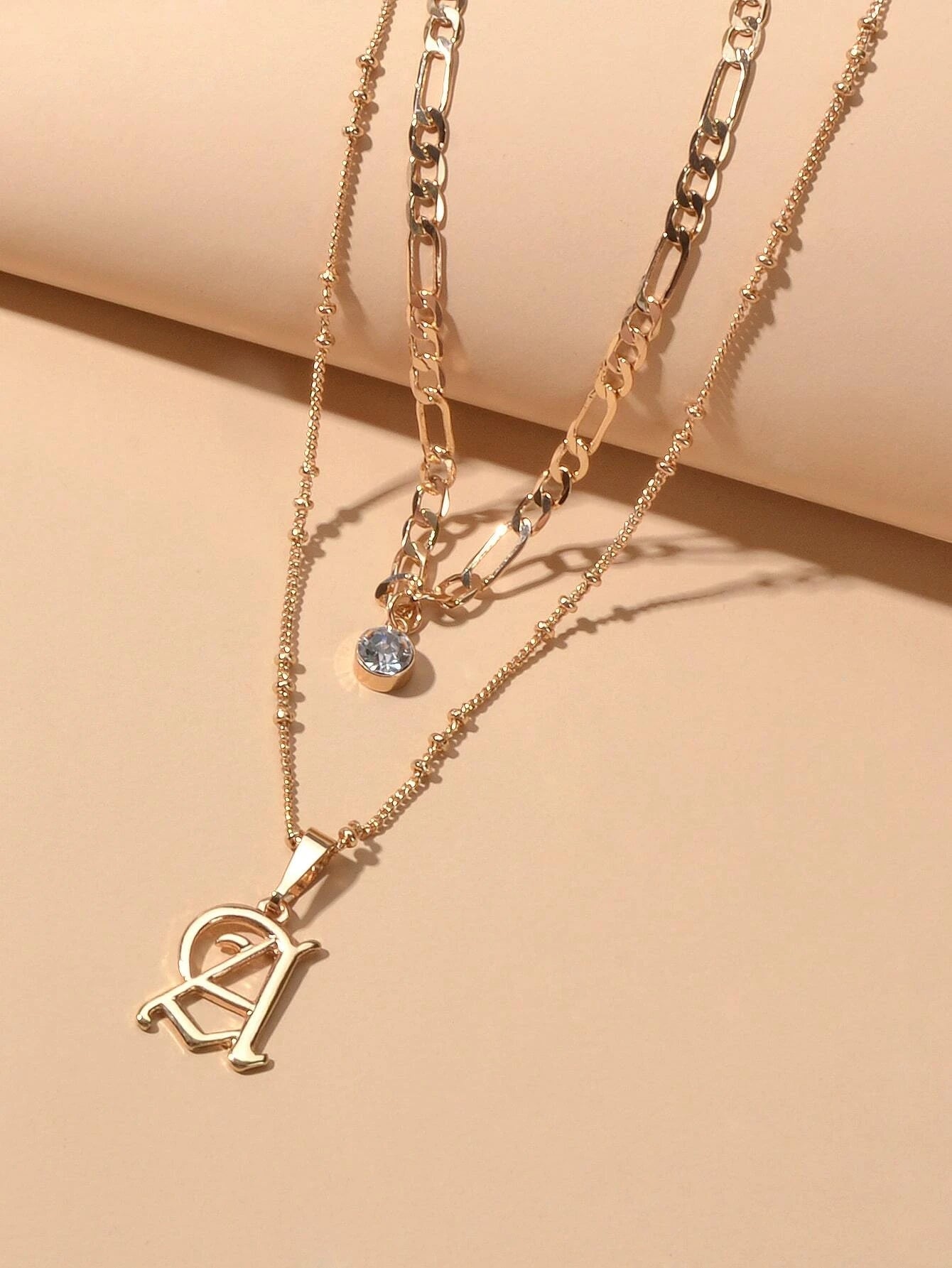 2 pcs Gold Chain Rhinestone Letter A Pendant Double Layer Necklace