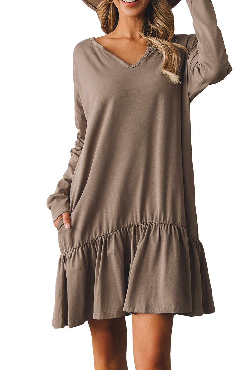 Black Split Neck Long Sleeve Ruffled Loose Dress