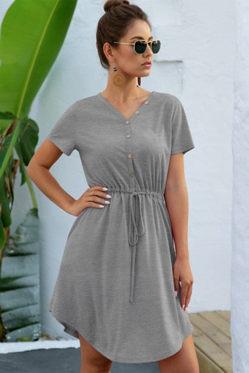 Solid V Neck Button Down Tie Waist Jersey Dress
