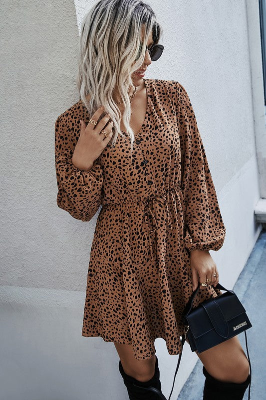 Leopard Print Waist Tie Belted Ruffle Hem Dress