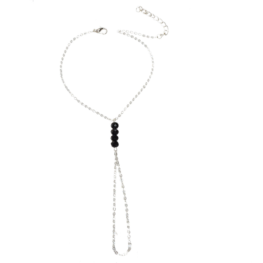 1pc Foot Beach Silver Chain Black Beads Anklet with Finger Ring Slave