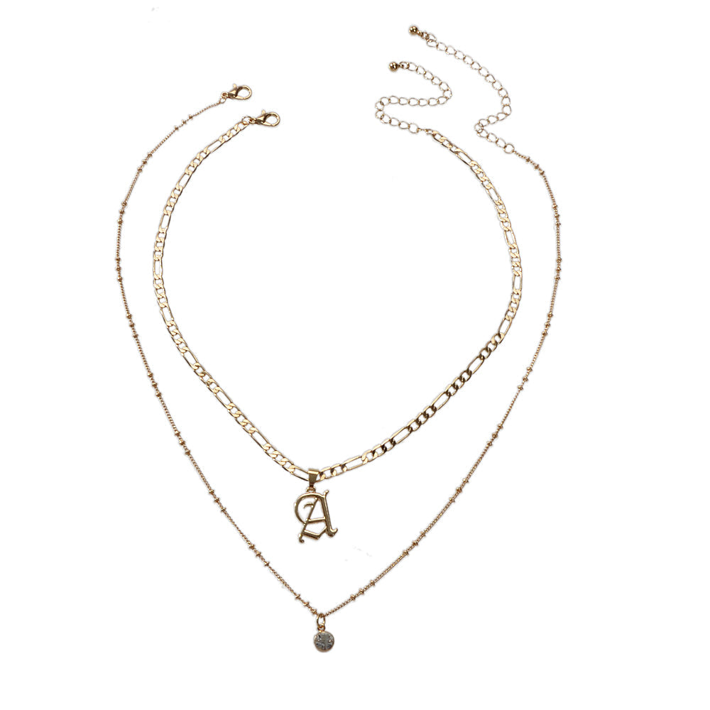 2 pcs Gold Chain Rhinestone Letter A Pendant Double Layer Necklace