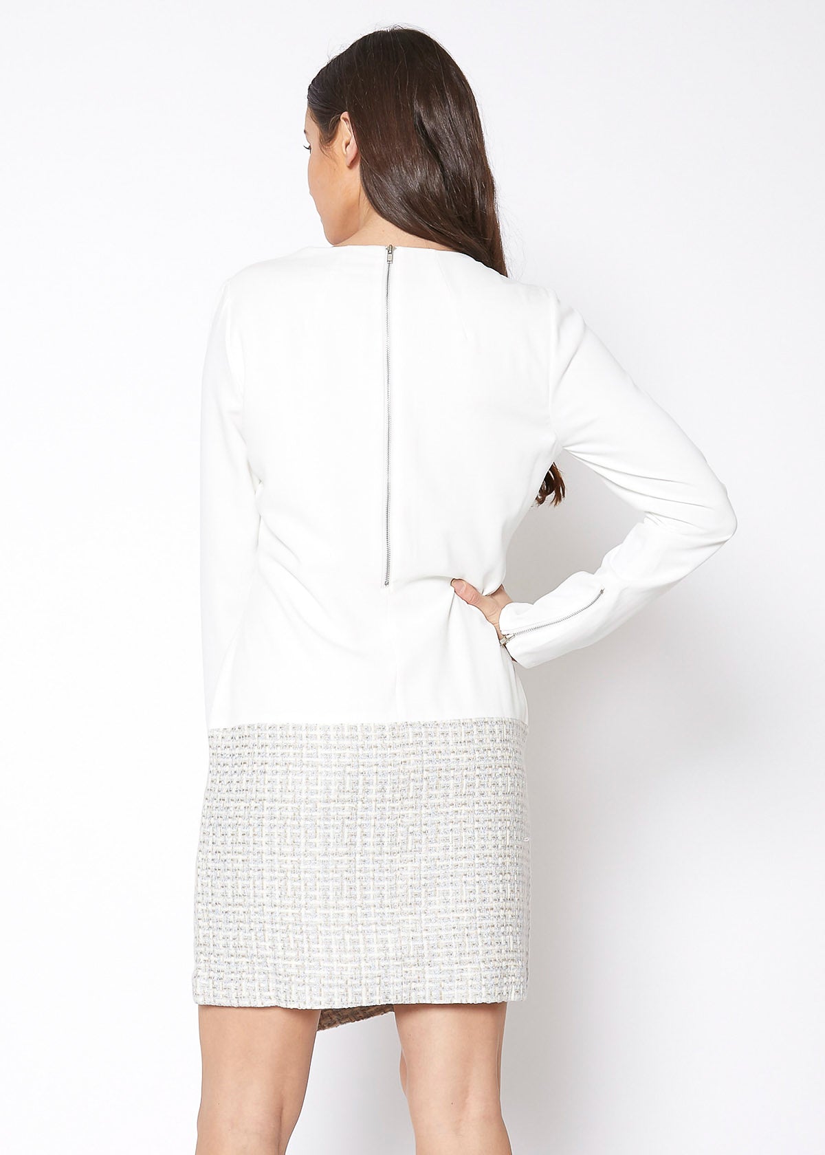 Tweed Hem Faux Wrap Dress In Ivory