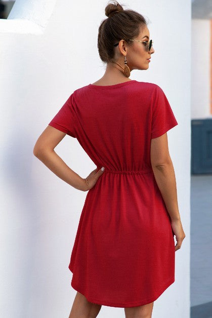 Solid V Neck Button Down Tie Waist Jersey Dress