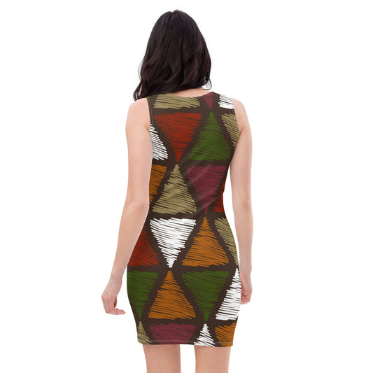 Womens Stretch Fit Bodycon Dress - Red Green Geometric Lines