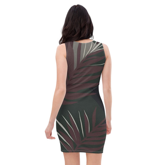 Womens Stretch Fit Bodycon Dress - Palm Tree Leaves Maroon Green