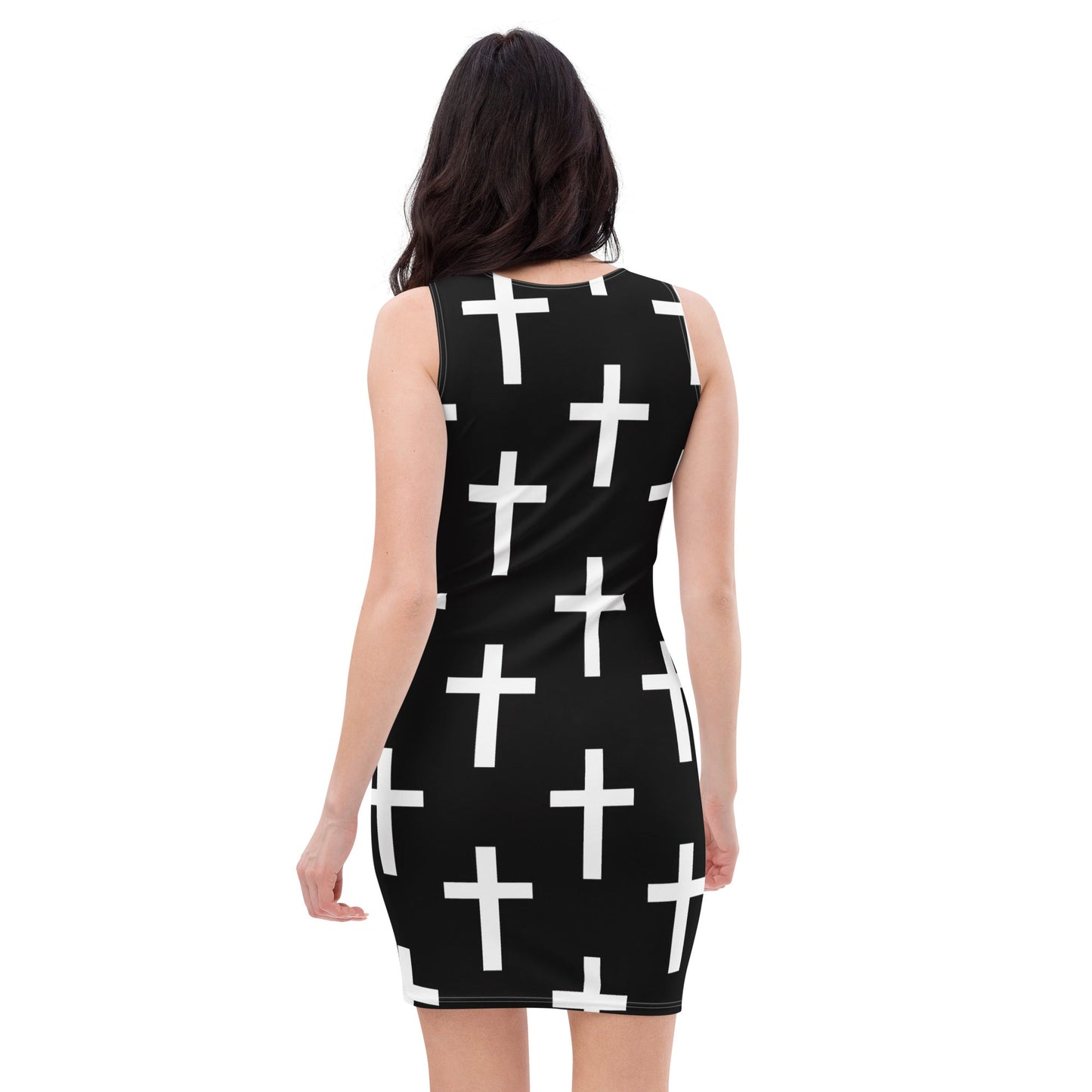 Womens Stretch Fit Bodycon Dress - Black White Cross Print