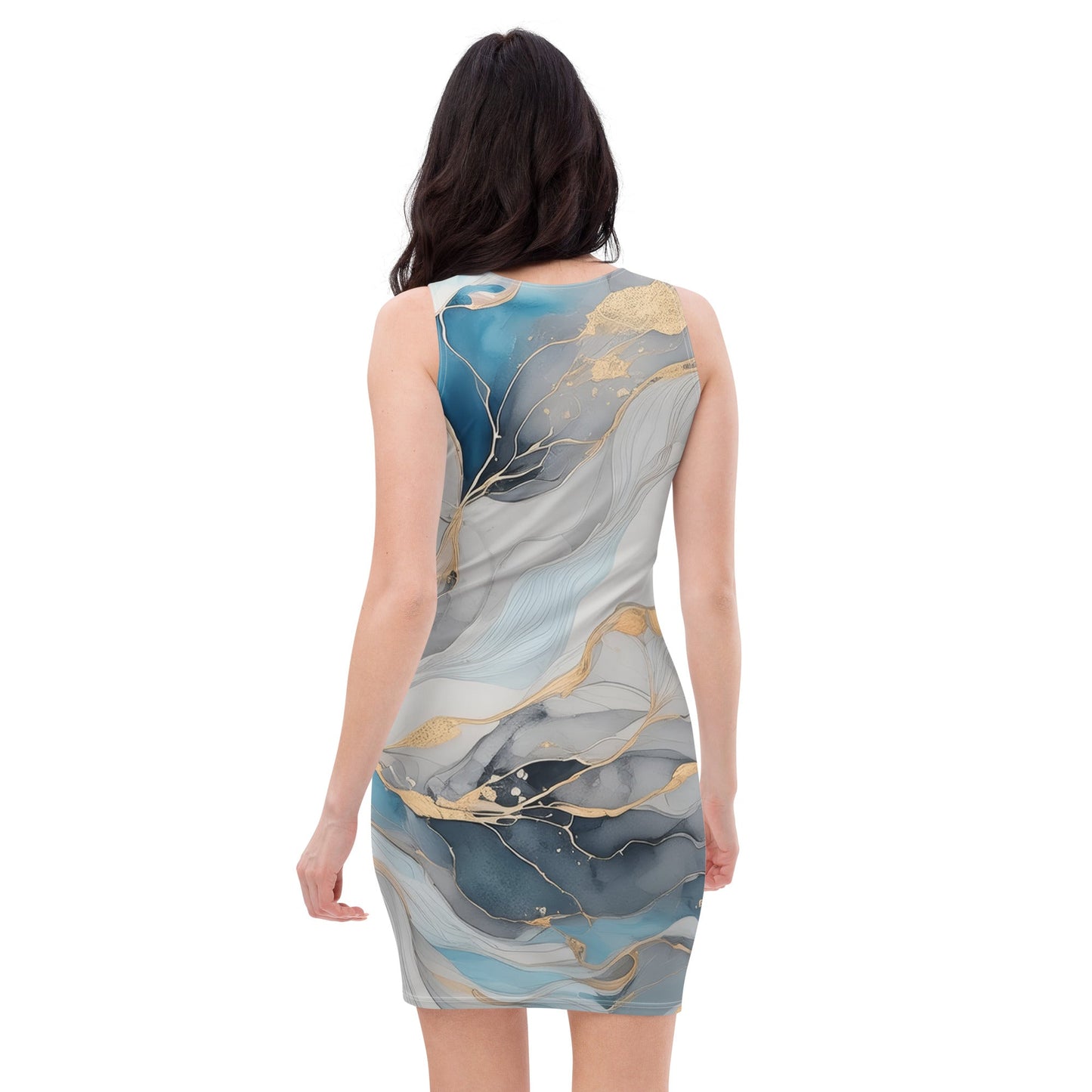 Womens Stretch Fit Bodycon Dress - Marble Cloud of Grey Pink Blue