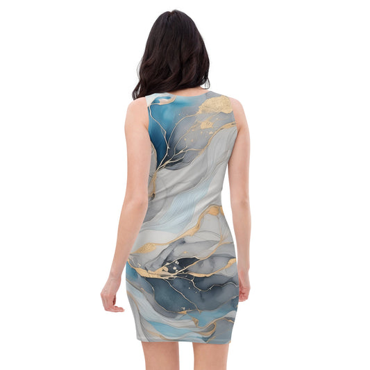 Womens Stretch Fit Bodycon Dress - Marble Cloud of Grey Pink Blue