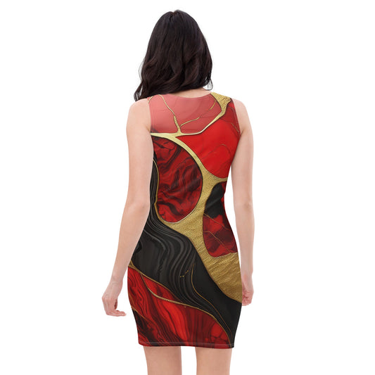 Womens Stretch Fit Bodycon Dress - Bold Red Gold Tones Print