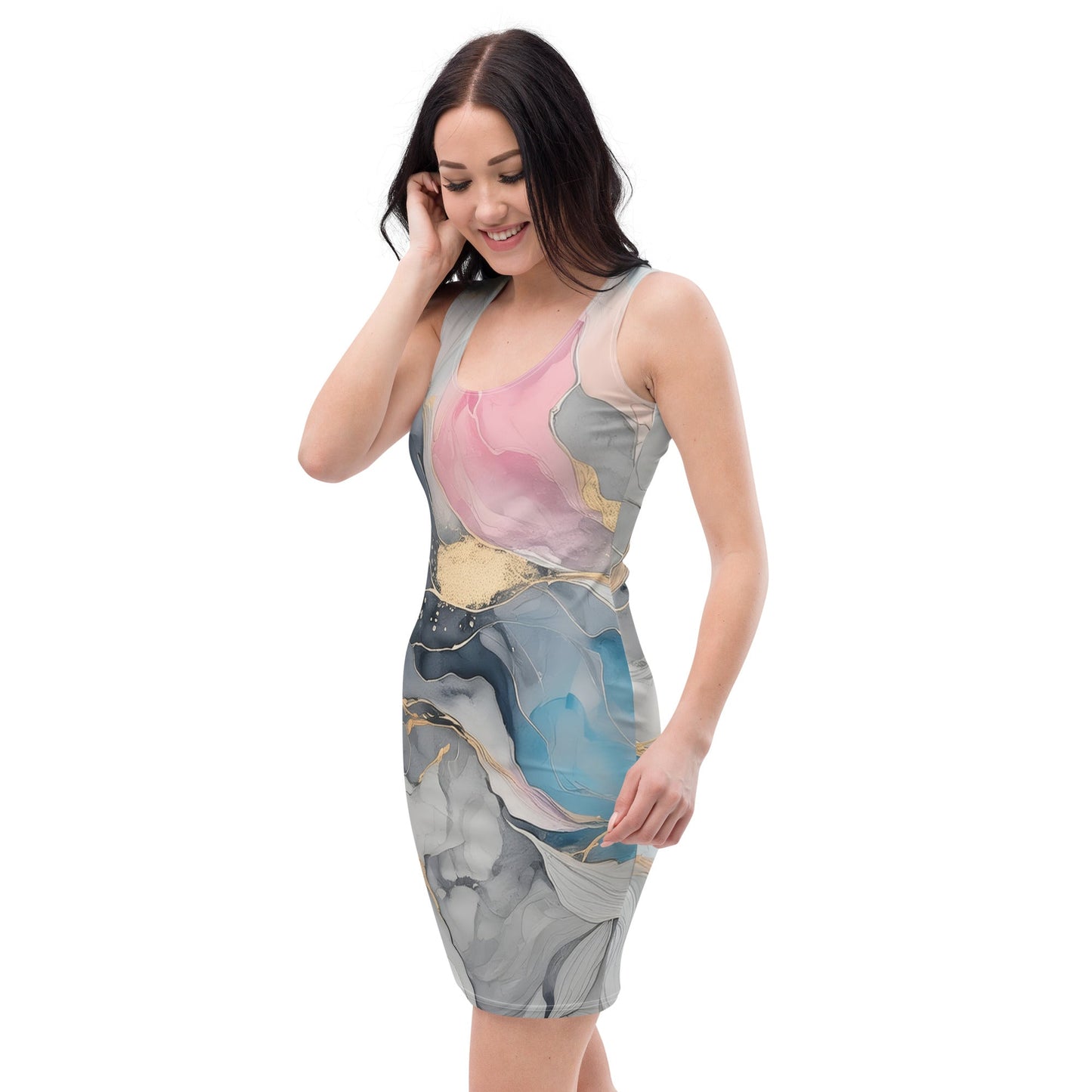 Womens Stretch Fit Bodycon Dress - Marble Cloud of Grey Pink Blue