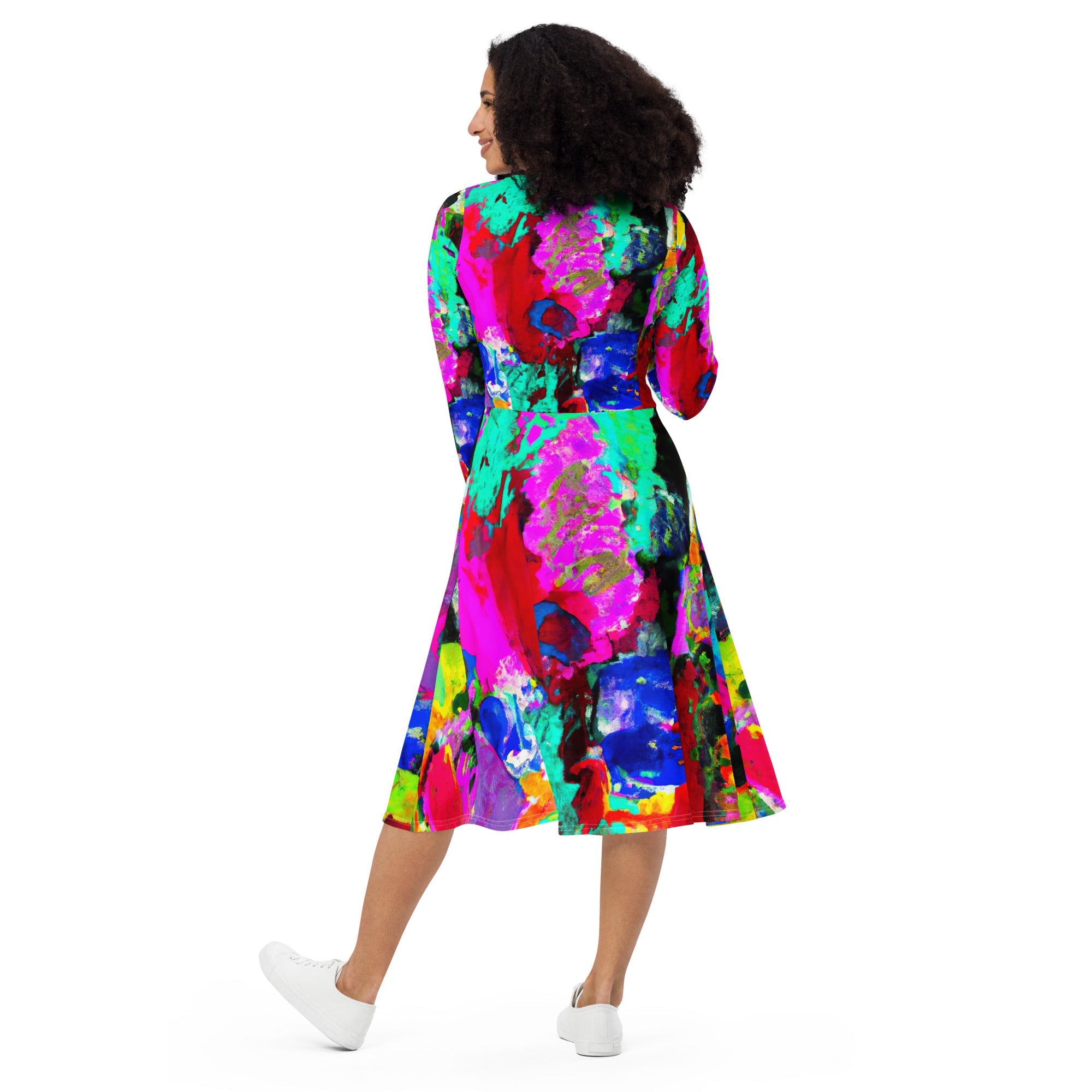 Womens Long Sleeve Midi Dress - Red Multicolor Abstract Print