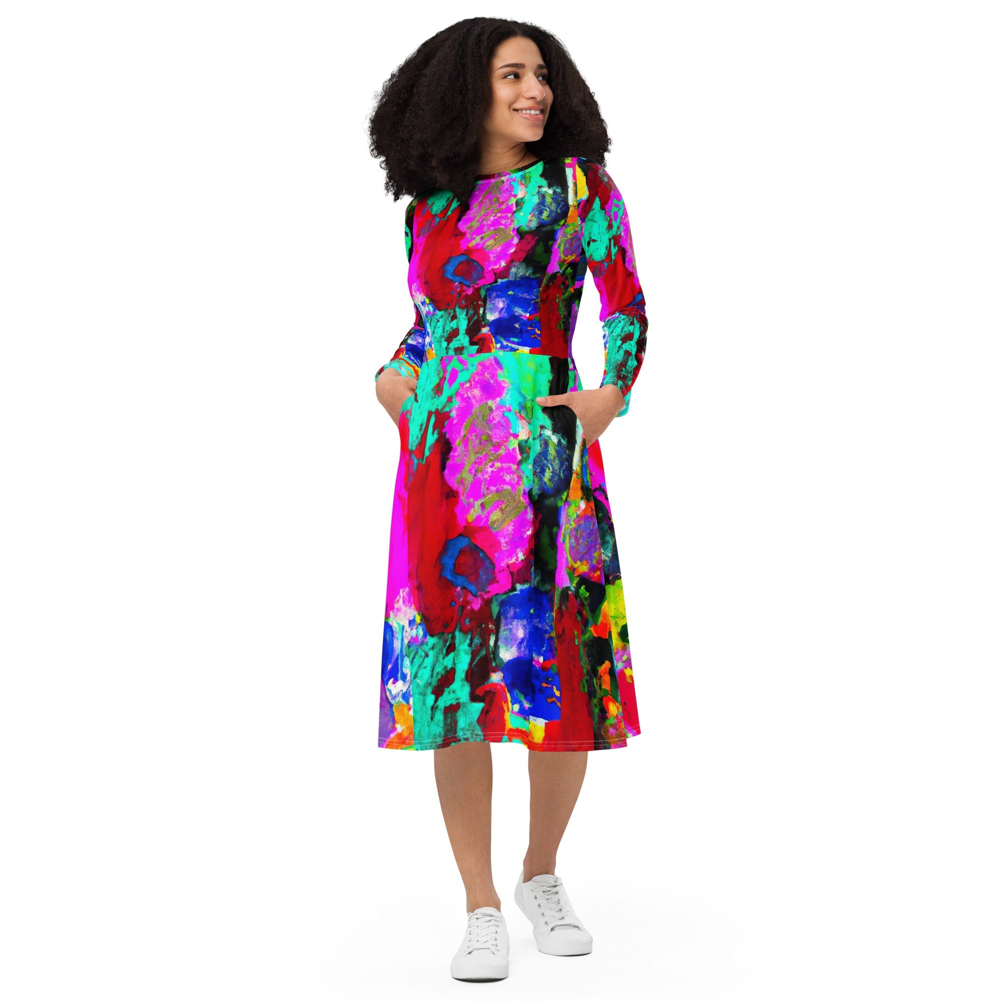 Womens Long Sleeve Midi Dress - Red Multicolor Abstract Print