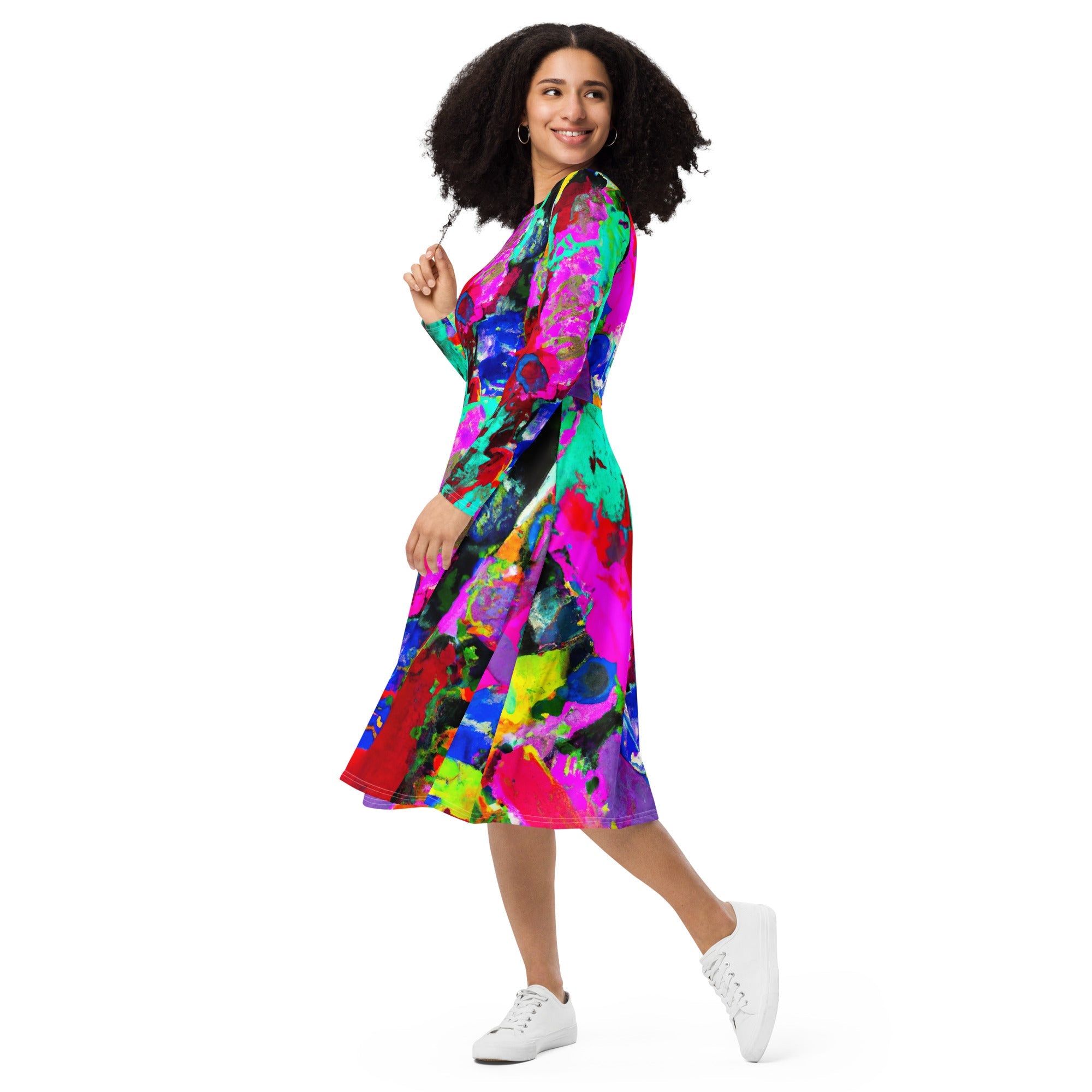 Womens Long Sleeve Midi Dress - Red Multicolor Abstract Print