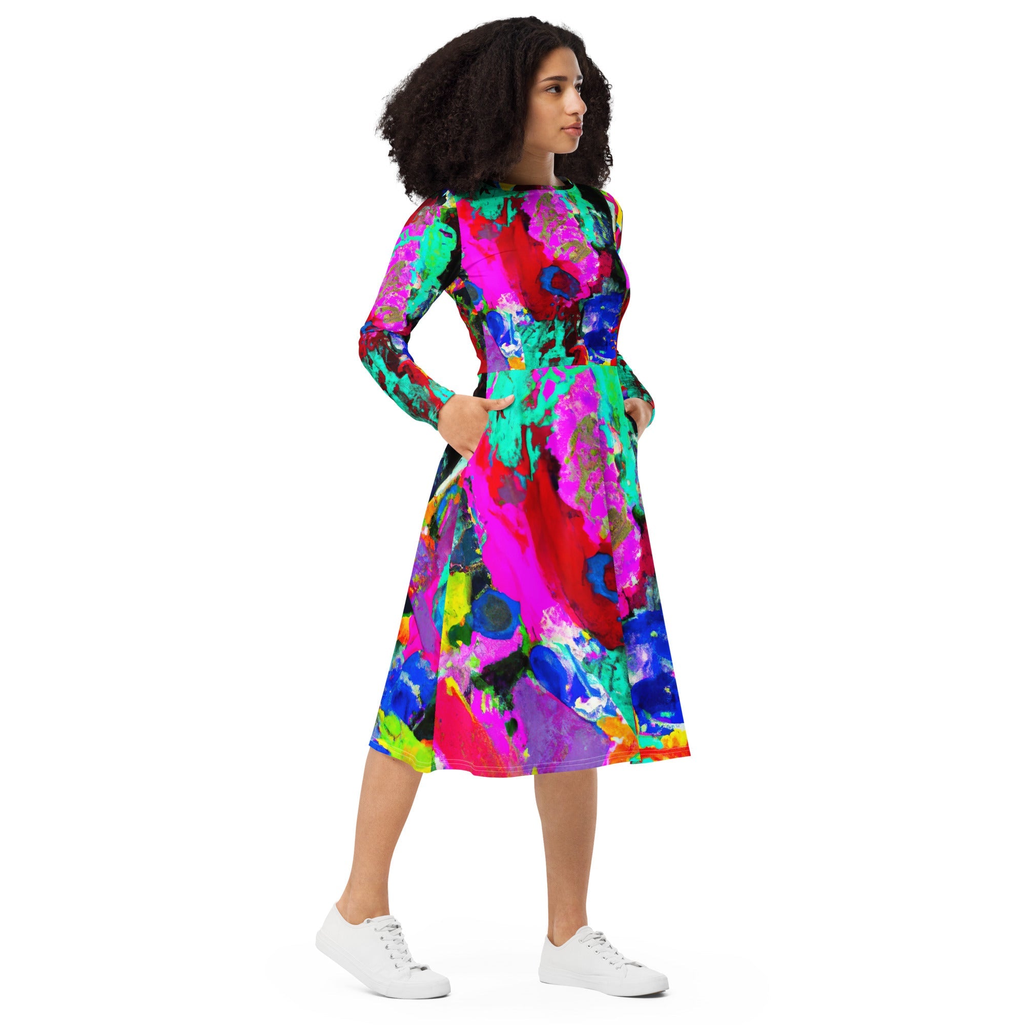 Womens Long Sleeve Midi Dress - Red Multicolor Abstract Print