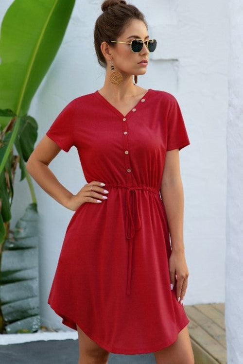 Solid V Neck Button Down Tie Waist Jersey Dress