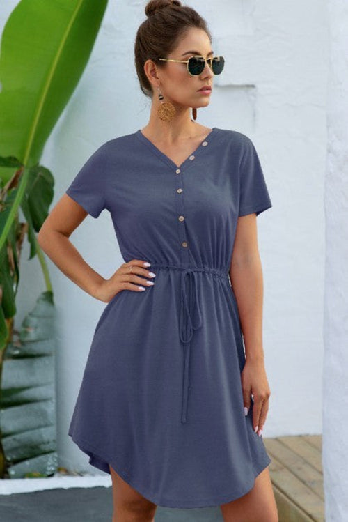 Solid V Neck Button Down Tie Waist Jersey Dress