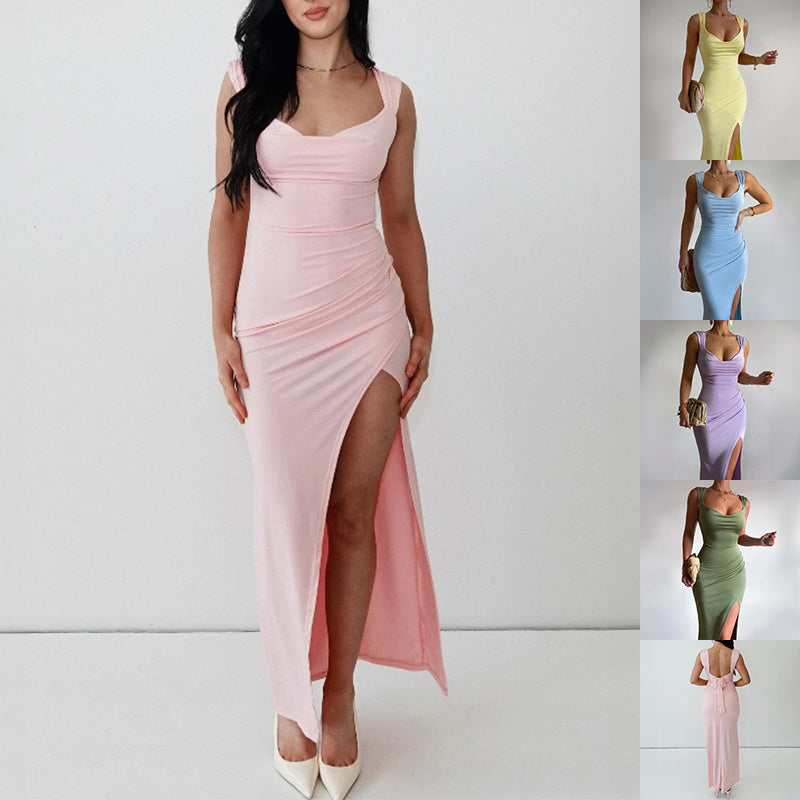 Slim Sleeveless Slit Dress With Back Tie Design Fashion Temperament