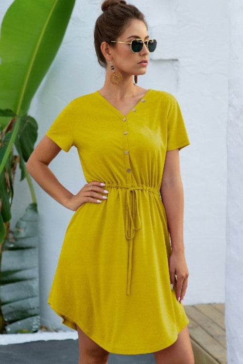 Solid V Neck Button Down Tie Waist Jersey Dress