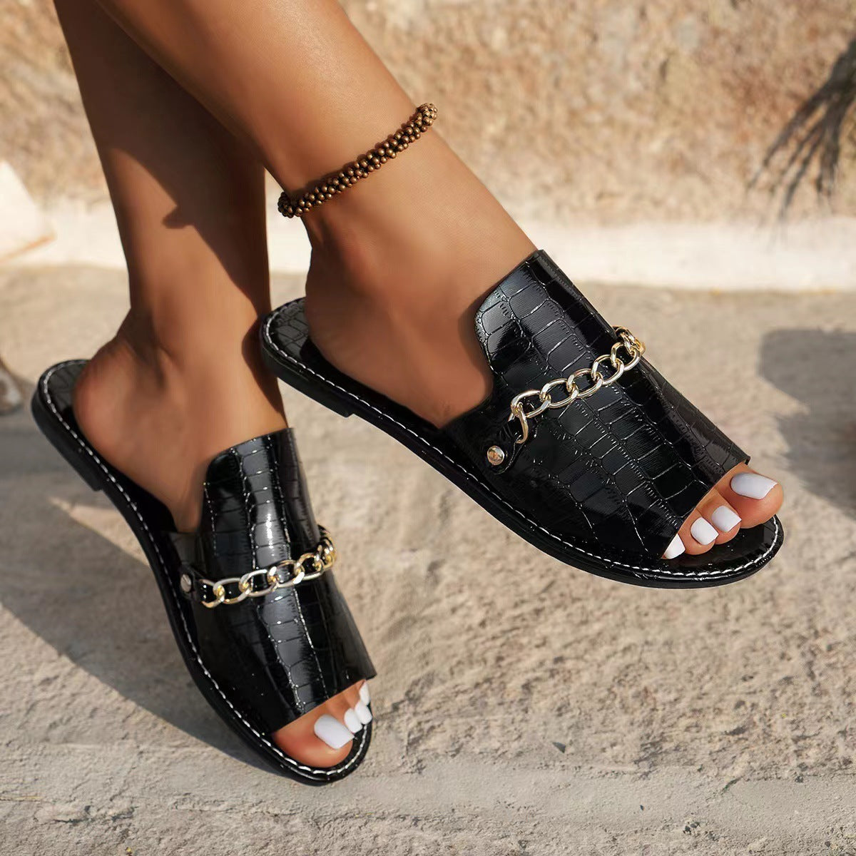 Pattern Chains Sandals Summer Fish Mouth Flat Slides Shoes Women