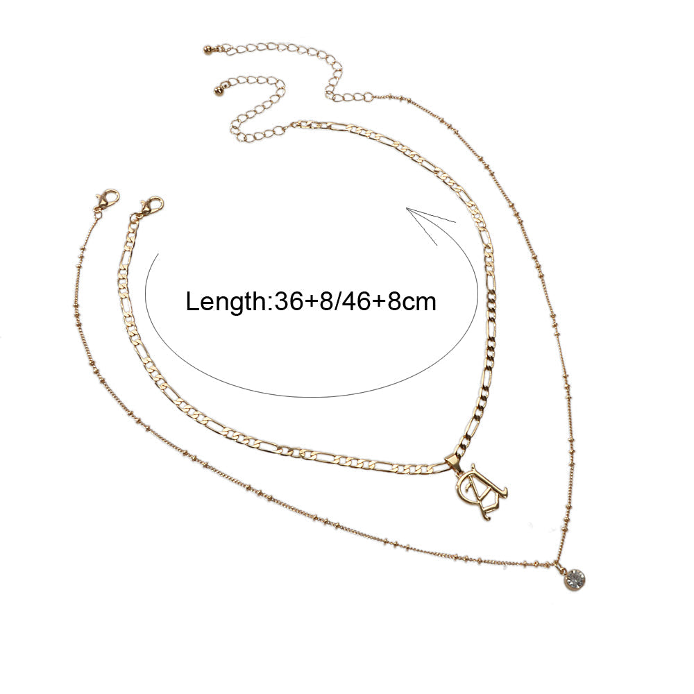 2 pcs Gold Chain Rhinestone Letter A Pendant Double Layer Necklace