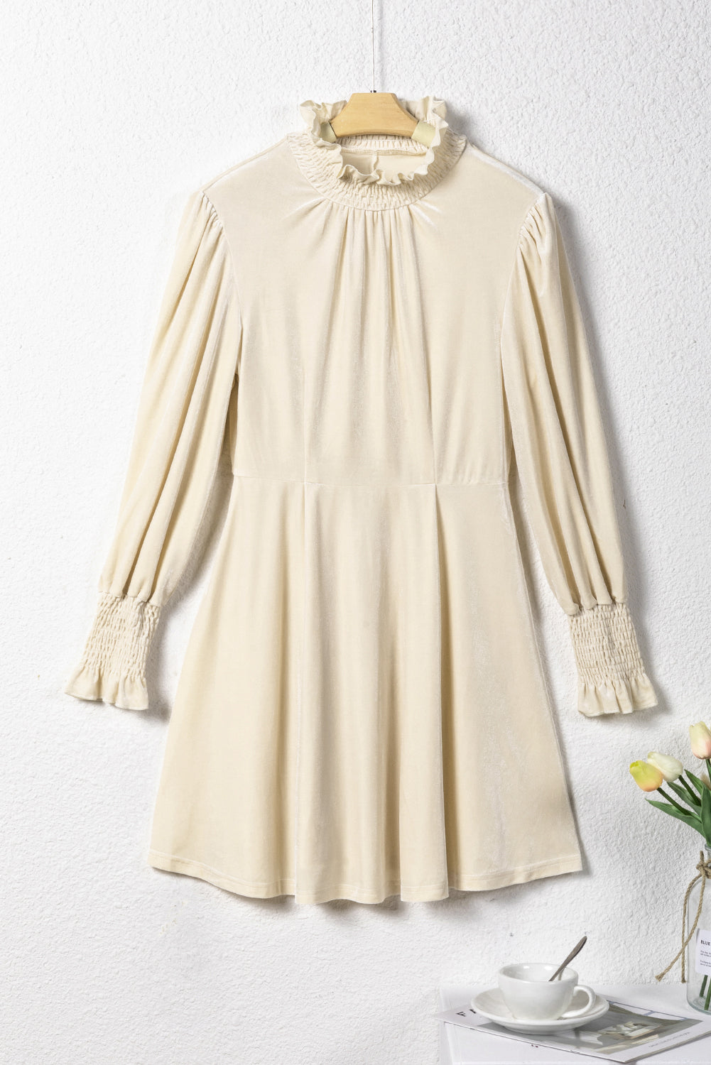 Apricot Shirred Collar Bubble Sleeve Mini Dress